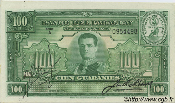 100 Guaranies PARAGUAY  1943 P.182 AU+