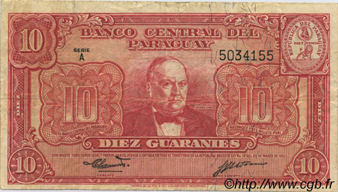 10 Guaranies PARAGUAY  1952 P.187b VF