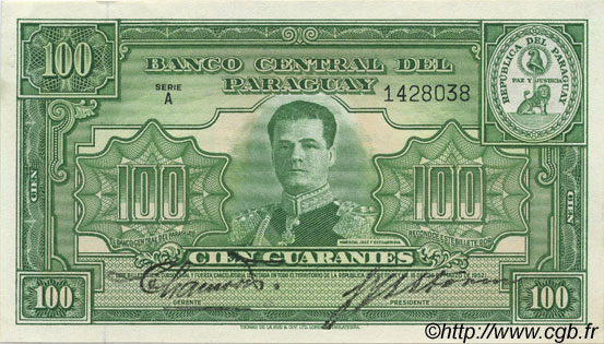 100 Guaranies PARAGUAY  1952 P.189a fST+