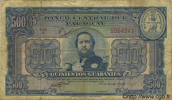 500 Guaranies PARAGUAY  1952 P.190b RC