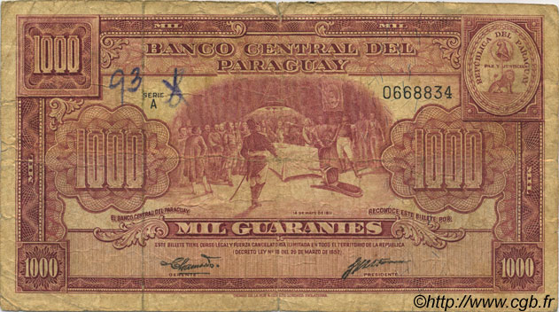 1000 Guaranies PARAGUAY  1952 P.191b RC