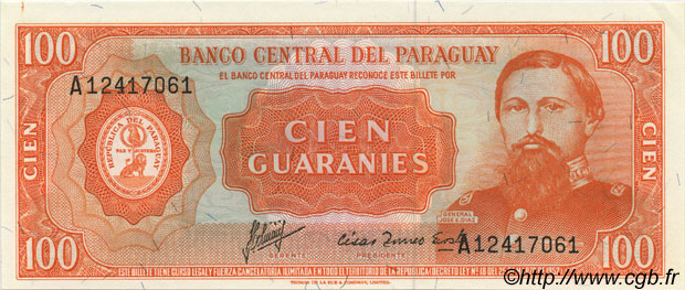 100 Guaranies PARAGUAY  1963 P.199b UNC