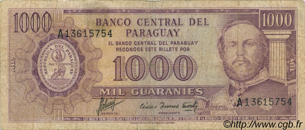 1000 Guaranies PARAGUAY  1963 P.201b MB