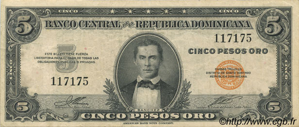 5 Pesos DOMINICAN REPUBLIC  1947 P.061 VF