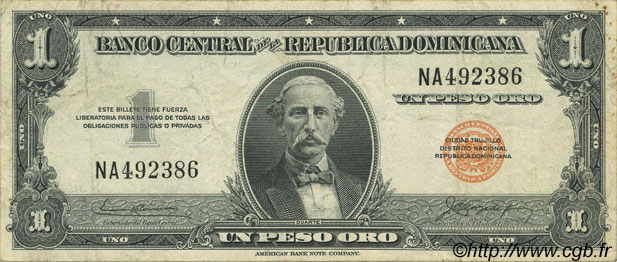 1 Peso DOMINICAN REPUBLIC  1957 P.071 VF