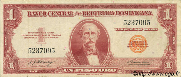 1 Peso Oro RÉPUBLIQUE DOMINICAINE  1962 P.091a MBC