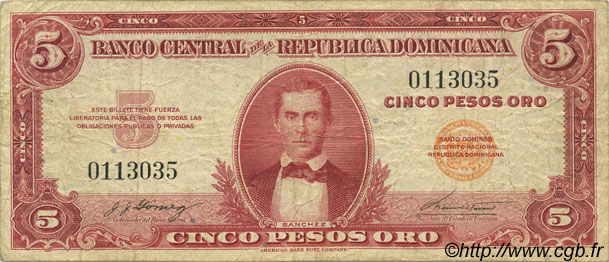 5 Pesos Oro RÉPUBLIQUE DOMINICAINE  1962 P.092a MB