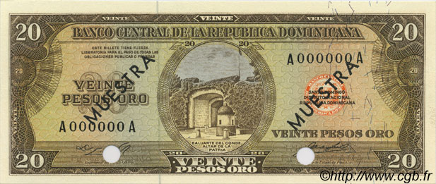 20 Pesos Oro Spécimen DOMINICAN REPUBLIC  1964 P.102s UNC