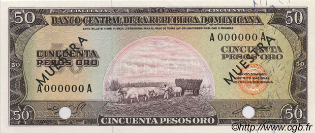 50 Pesos Oro Spécimen RÉPUBLIQUE DOMINICAINE  1964 P.103s FDC