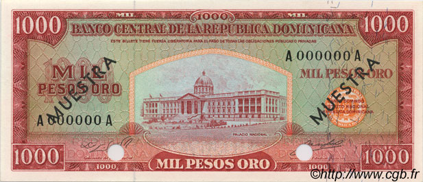 1000 Pesos Oro Spécimen RÉPUBLIQUE DOMINICAINE  1964 P.106s2 ST