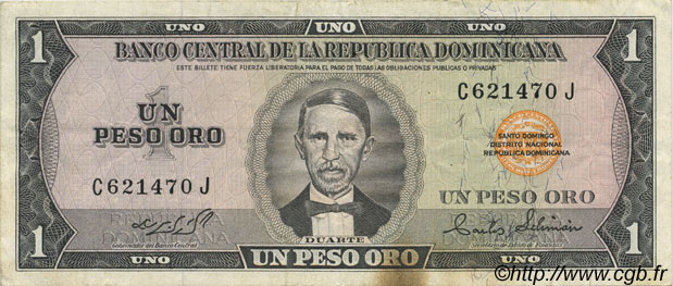 1 Peso Oro DOMINICAN REPUBLIC  1973 P.107a VF+
