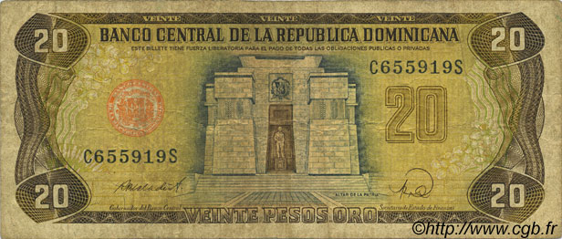 20 Pesos Oro DOMINICAN REPUBLIC  1988 P.120c VG