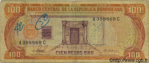 100 Pesos Oro DOMINICAN REPUBLIC  1981 P.122a G