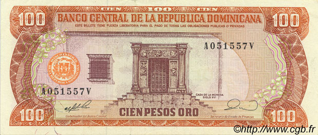100 Pesos Oro RÉPUBLIQUE DOMINICAINE  1990 P.128b VZ+