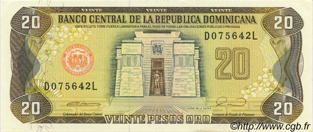 20 Pesos Oro DOMINICAN REPUBLIC  1990 P.133 AU