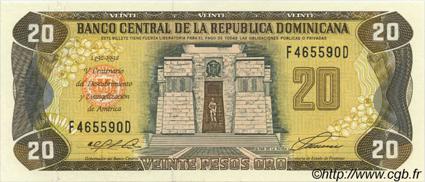 20 Pesos Oro Commémoratif RÉPUBLIQUE DOMINICAINE  1992 P.139a UNC