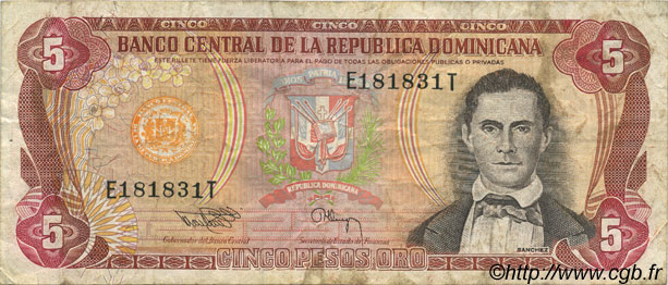 5 Pesos Oro DOMINICAN REPUBLIC  1994 P.146 F+