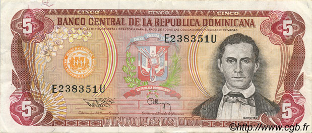 5 Pesos Oro DOMINICAN REPUBLIC  1994 P.146 XF+