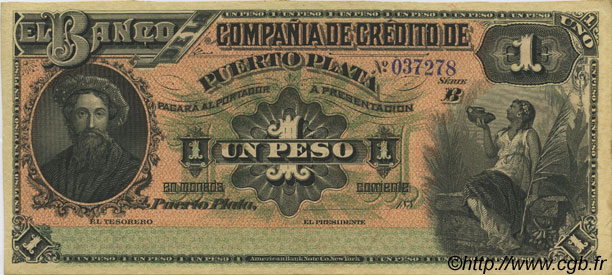 1 Peso DOMINICAN REPUBLIC  1880 PS.103a UNC-