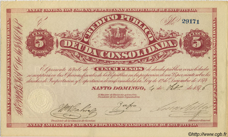 5 Pesos RÉPUBLIQUE DOMINICAINE  1876 PS.161 fST