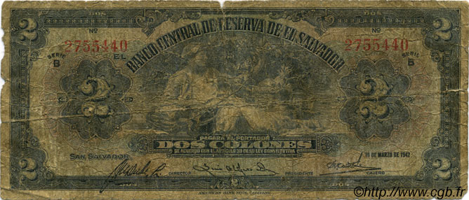 2 Colones EL SALVADOR  1942 P.076 P