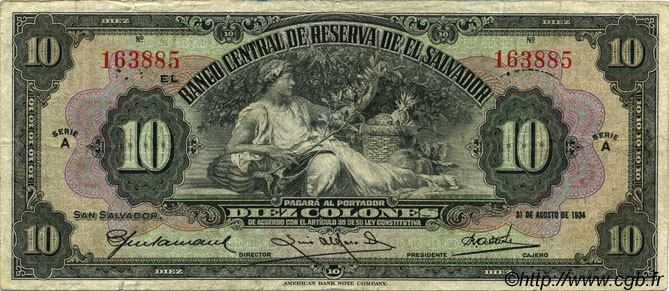 10 Colones EL SALVADOR  1934 P.078 F+