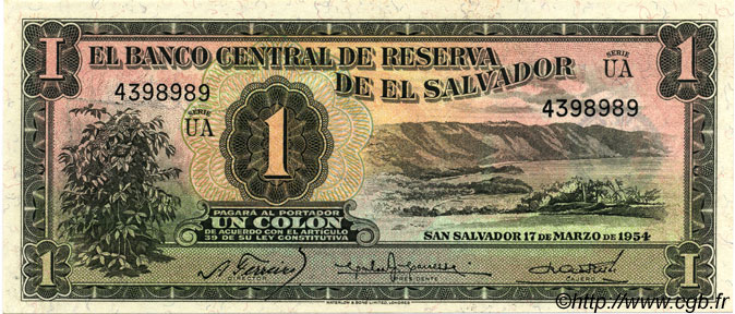 1 Colon EL SALVADOR  1954 P.087 q.FDC