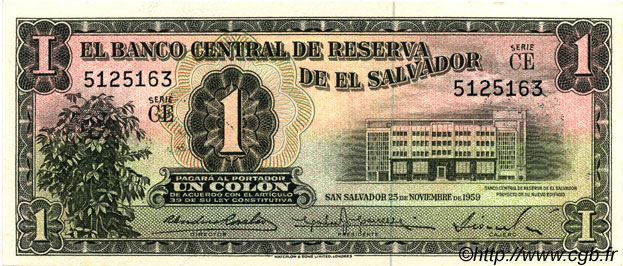 1 Colon EL SALVADOR  1959 P.090b UNC-