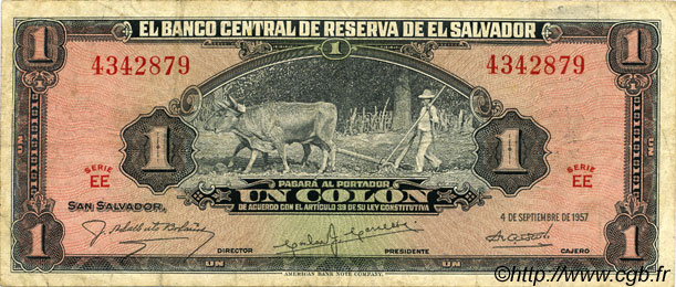 1 Colon EL SALVADOR  1957 P.093 q.BB