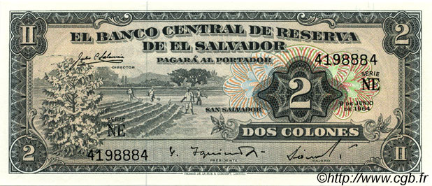 2 Colones EL SALVADOR  1964 P.101a UNC