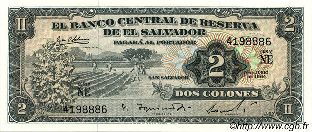 2 Colones EL SALVADOR  1964 P.101a UNC