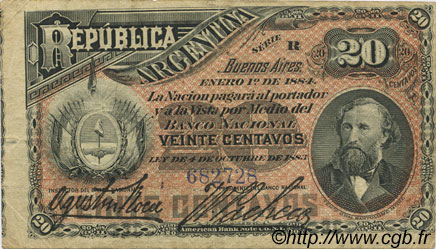20 Centavos ARGENTINA  1884 P.007a MBC
