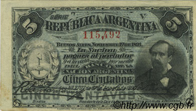5 Centavos ARGENTINA  1891 P.209 AU
