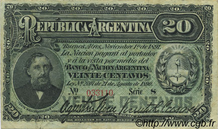 20 Centavos ARGENTINA  1891 P.211a VF