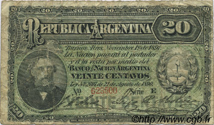 20 Centavos ARGENTINIEN  1891 P.211b fS