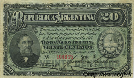 20 Centavos ARGENTINA  1891 P.211b MBC+