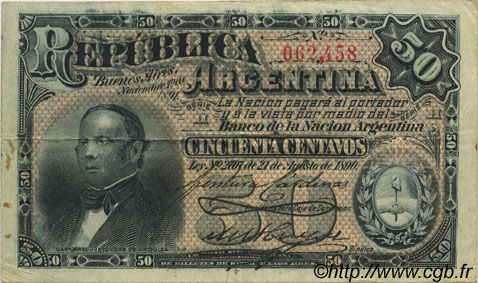 50 Centavos ARGENTINA  1891 P.212A BB