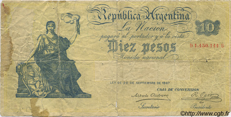 10 Pesos ARGENTINA  1900 P.237 VG