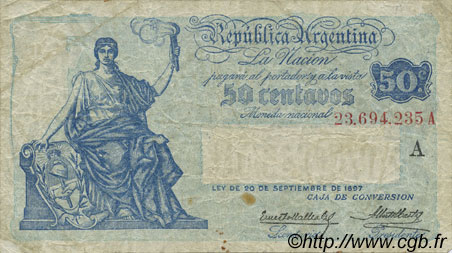 50 Centavos ARGENTINA  1926 P.242A BC a MBC