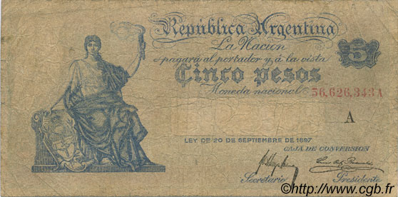 5 Pesos ARGENTINA  1908 P.244a q.MB