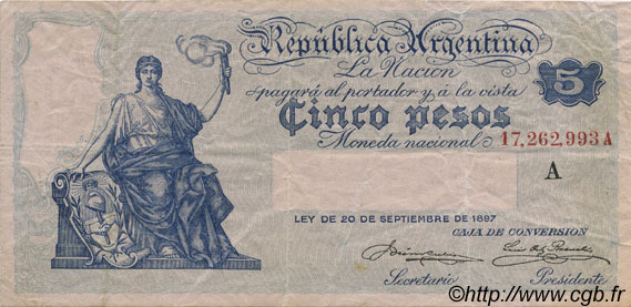 5 Pesos ARGENTINA  1908 P.244a MBC