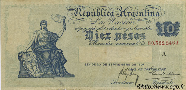 10 Pesos ARGENTINA  1908 P.245a VF