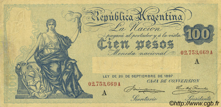 100 Pesos ARGENTINA  1908 P.247a VF