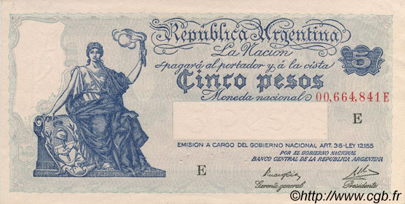 5 Pesos ARGENTINIEN  1935 P.252c VZ