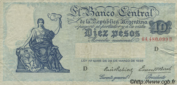 10 Pesos ARGENTINA  1936 P.253a MBC