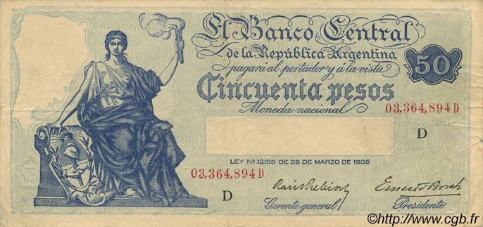 50 Pesos ARGENTINIEN  1936 P.254 SS