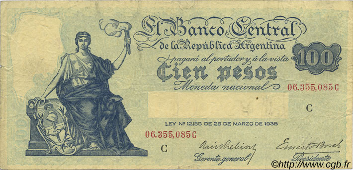 100 Pesos ARGENTINIEN  1936 P.255 SS
