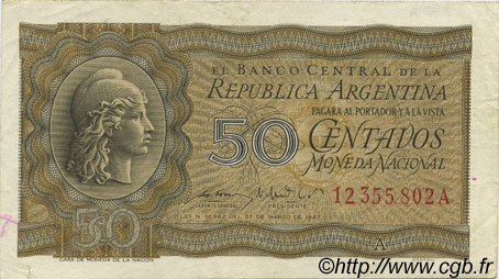 50 Centavos ARGENTINE  1950 P.259a TTB+