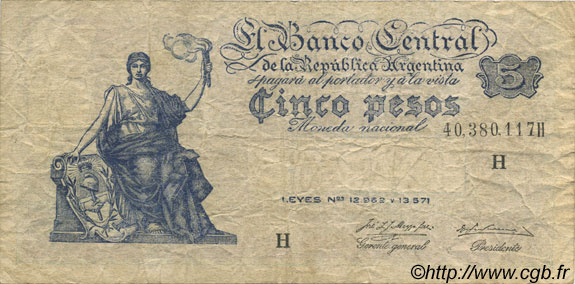 5 Pesos ARGENTINA  1951 P.264d F