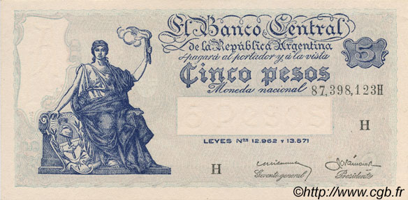 5 Pesos ARGENTINA  1951 P.264d UNC